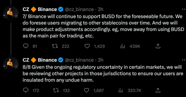 币安CEO赵长鹏在推特表示，可以预见用户会随着时间推移迁移到其它稳定币，但币安也会做相应的产品调整 ...