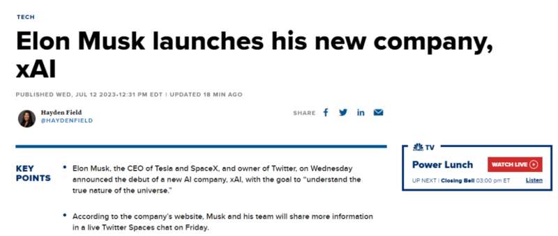特斯拉和SpaceX的CEO、Twitter的所有者马斯克周三宣布成立一家新的人工智能公司 ... ...